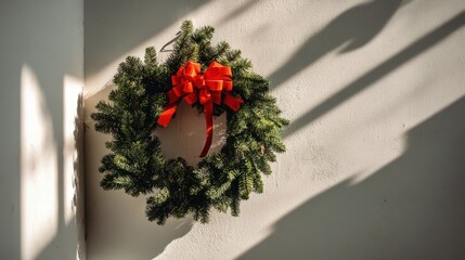 A Christmas wreath with a red bow hanging on a white wall, with sunlight and shadows