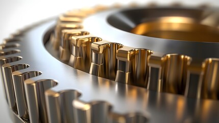 A close up of a gold and silver gear with a white background. The gear is made of metal and has a shiny, metallic appearance