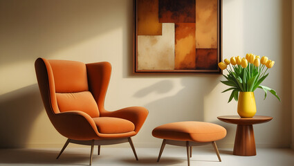 Contemporary reading nook with orange armchair, yellow vase of tulips and stylish art print on warm wall.