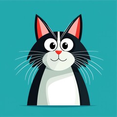 Obraz premium Cartoon cat illustration with black and white fur and a pink nose on a teal background