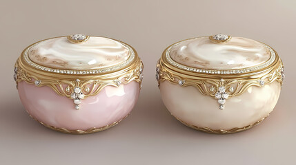 Two elegant, round containers with pastel pink and beige lids, featuring gold rims and rhinestone accents, containing creamy substances. Runestone Peak. Illustration