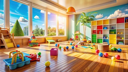Happy Children Playing in Warm Wooden Playroom - Colorful Toys & Fun