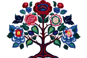 Floral Embroidered Tree Illustration With Red Blue And Green Details On Transparent Background
