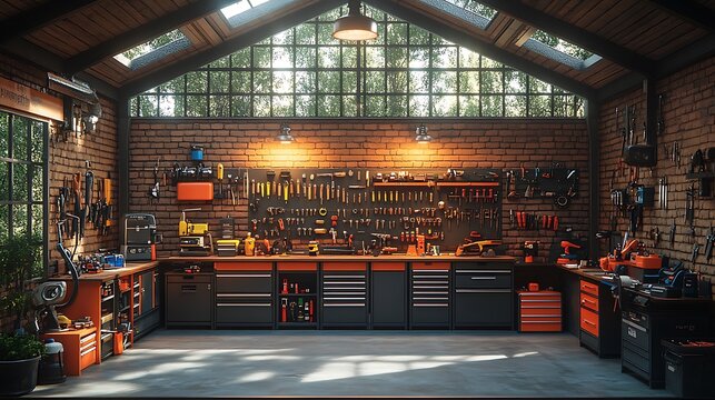 Workshop with industrial lighting and rustic drawers high resolution photo