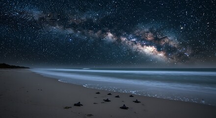 Baby Turtles Journeying to Sea Under the Milky Way