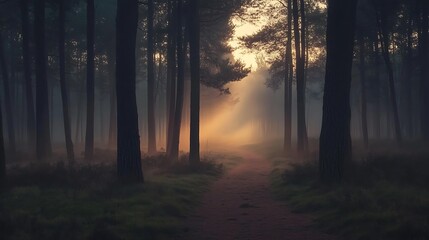 Fototapeta premium Misty Forest Path Sunrise.