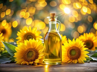 Healthy Sunflower Oil Bottle with Blooming Yellow Flowers - Cooking & Wellness