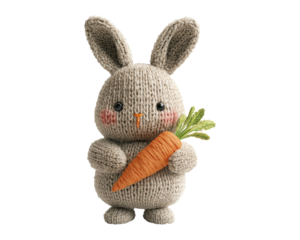 Cute Knitted Bunny Holding Carrot on Transparent Background for Design