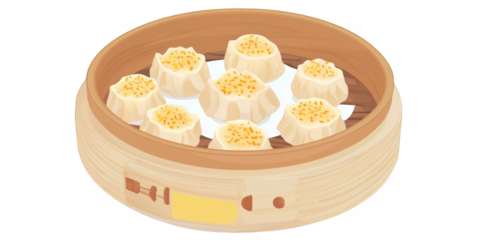Illustration of Dim Sum Dumplings in a Wooden Steamer Basket