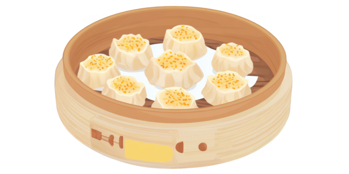 Illustration of Dim Sum Dumplings in a Wooden Steamer Basket