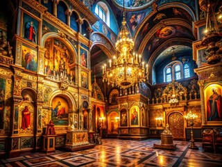 Fototapeta premium Holy Ascension Cathedral, Low Light Russian Orthodox Church Interior, Dramatic Lighting, Spiritual Atmosphere, Religious Architecture
