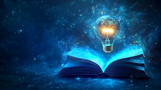 Illuminated Knowledge Book and Light Bulb, An open book with a glowing light bulb hovering above it, set against a starry night background