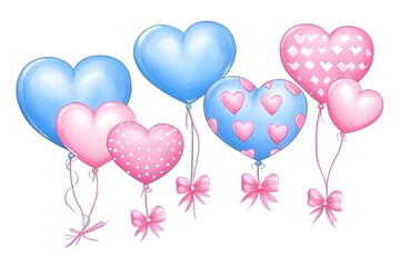 Illustration of Floating Heart Balloons in Pink and Blue on Transparent Background