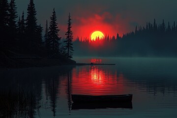 Eerie crimson moon rises over a still lake, silhouetting a forest and a lone boat. Dramatic and atmospheric landscape