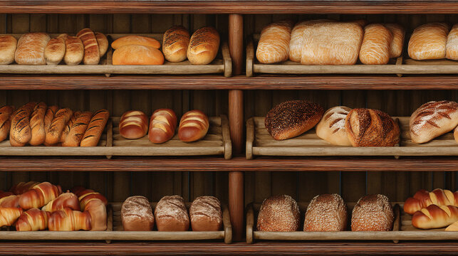 Bakery shelf bread display fresh baked goods artisan breads loaves croissants pastries food delicious