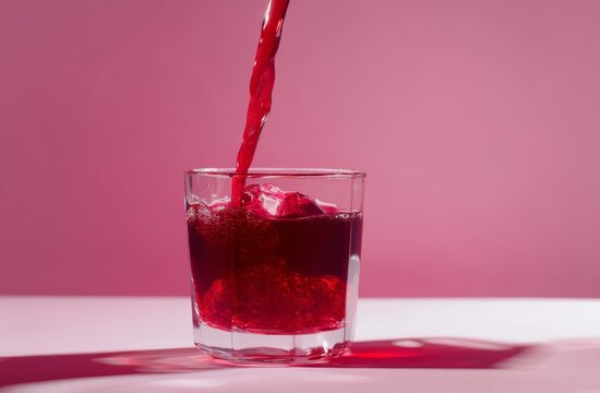 Pouring Red Liquid into Glass, Creating Bubbles and Swirls; Refreshing Drink, Delicious Beverage, Vibrant Color, Crystal Glass