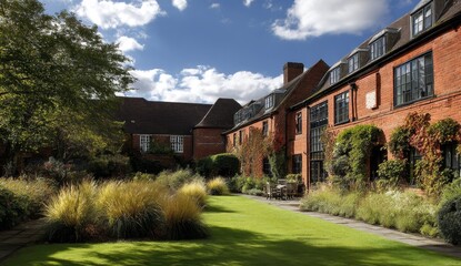 Obraz premium Brick Building's Serene Garden: Ornamental Grasses, Lush Greenery, and Tranquil Lawn