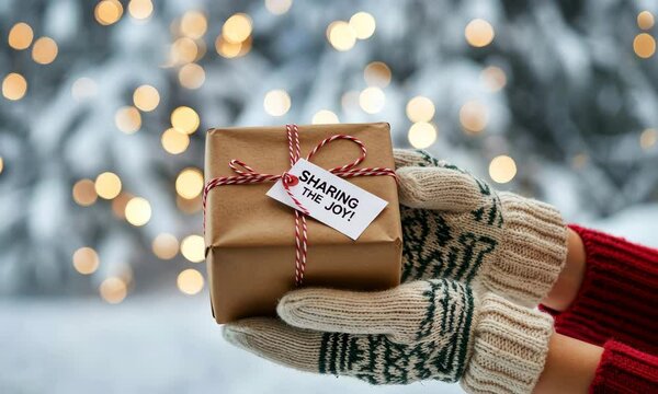 Gloved hands holding gift wrapped in brown paper with "Sharing Joy!" tag front of holiday lights
