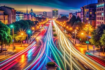 Obraz premium Long Exposure Light Trails at Night, Colorful Cityscape, Abstract Blurred Lights