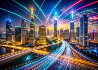 Fototapeta premium Long Exposure Light Trails Cityscape Transmission Network at Night