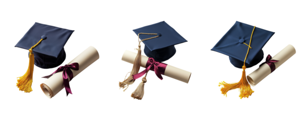 Graduation Caps with Diplomas on Transparent Background for Celebrations
