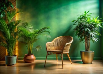 Fototapeta premium Long Exposure: Wicker Chair, Lush Greenery & Blank Canvas in Serene Green Room