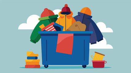 A donation bin overflowing with coats hats and gloves as the thrift store collects items for their annual winter clothing drive for the homeless.. Vector illustration