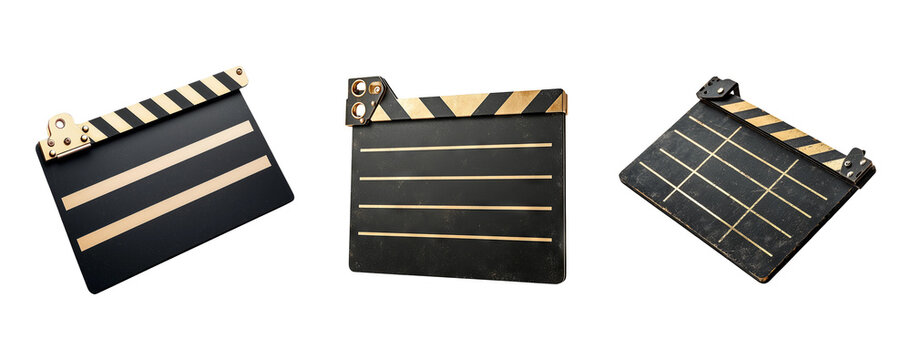 Three Classic Film Clapperboards on Transparent Background for Media