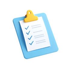 3D illustration of a checklist clipboard with blue frame and yellow clip, ideal for productivity or task management themes