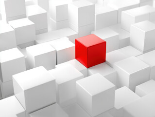 Red cube stands out amongst white cubes, feeling confident and bold in its individuality against monochromatic background