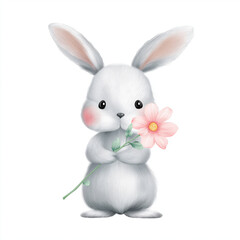 Obraz premium Cute rabbit holds flower looks happy and content, standing against white background. This adorable image evokes feelings of cheerfulness and spring