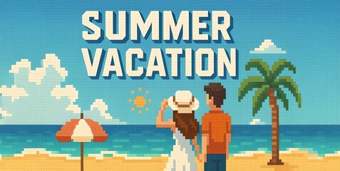 A pixel art image depicts a couple holding hands and looking out at the ocean on a sunny beach, with "SUMMER VACATION" written above.