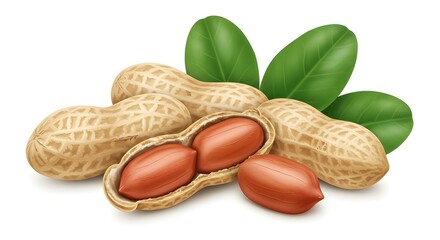 Scene composition with peanuts with leaves and shell, isolated peanuts, shell and peanut grain