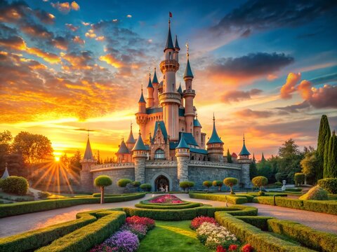 Magical fairytale castle at sunset, Parisian theme park, enchanting landscape