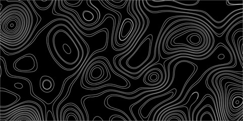 Fototapeta premium Abstract white on black background with Topographic line map pattern. abstract wavy and curved lines background. linear map. Dark seamless design. Bold tile able isolines pattern. Vector illustration.