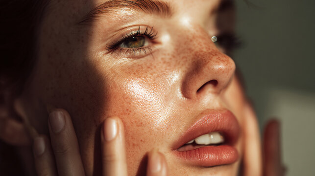 Close up of beautiful woman face with freckles and fair skin beauty concept for skin care and health 100 characters