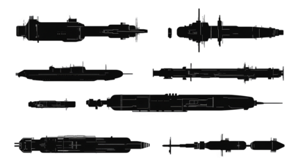 Illustration of Various Submarines Silhouetted Against Black Background