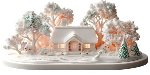Illustration Of Winter Scene Snowy House Surrounded By White Trees