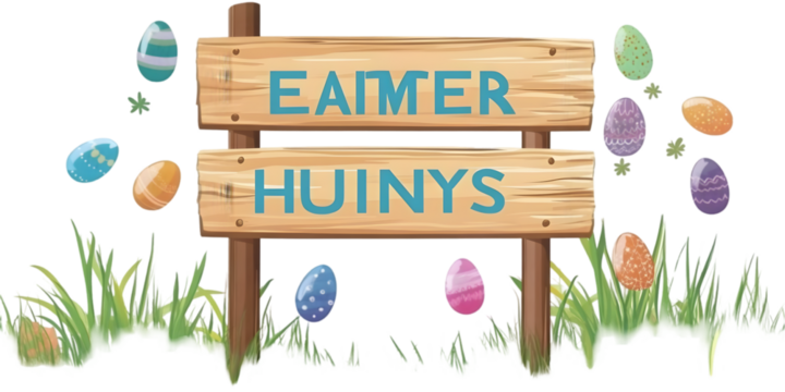 Illustrated Easter Sign with Colorful Eggs and Green Grass PNG - Powered by Adobe