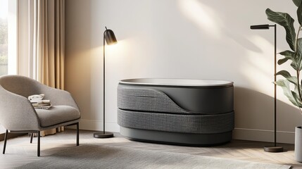 Modern, gray, oval-shaped cabinet in a minimalist living room.