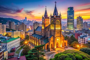 Fototapeta premium Majestic Myeongdong Cathedral Seoul South Korea - Exterior View with Copy Space