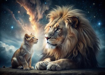 Majestic Night: Lion and Kitten Under Starry Sky - Wildlife Photography