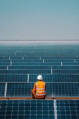A worker surveys a vast solar farm, highlighting renewable energy and sustainable power generation under a clear blue sky