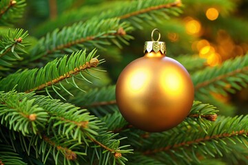 Fototapeta premium Matte Gold Christmas Ornament on Lush Green Pine Branches - Festive Holiday Decoration