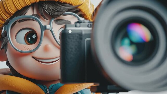 Young Photographer's Gaze: A close-up shot of a charming cartoon boy, his eye playfully winking through the lens of a modern camera.