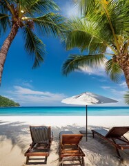 Fototapeta premium Summer beach scenery, palms and sun beds with sea view. Tropical beach