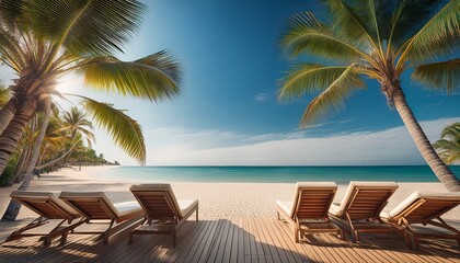 Summer beach scenery, palms and  sun beds with sea view. Tropical beach