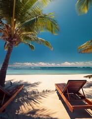 Summer beach scenery, palms and sun beds with sea view. Tropical beach