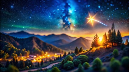 Naklejka premium Miniature Shooting Star Night Sky, Tilt-Shift Fantasy Landscape Photo