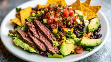 Beef taco salad on white plate with colorful toppings